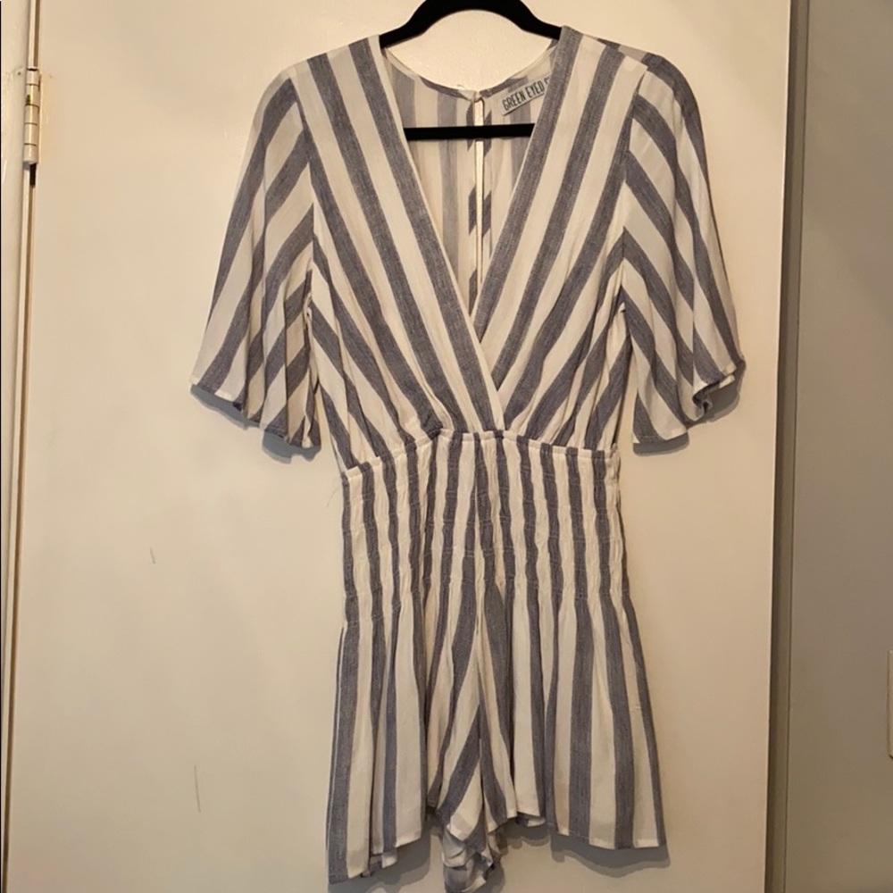 Green Eyes Girl Blue and White Striped Romper M